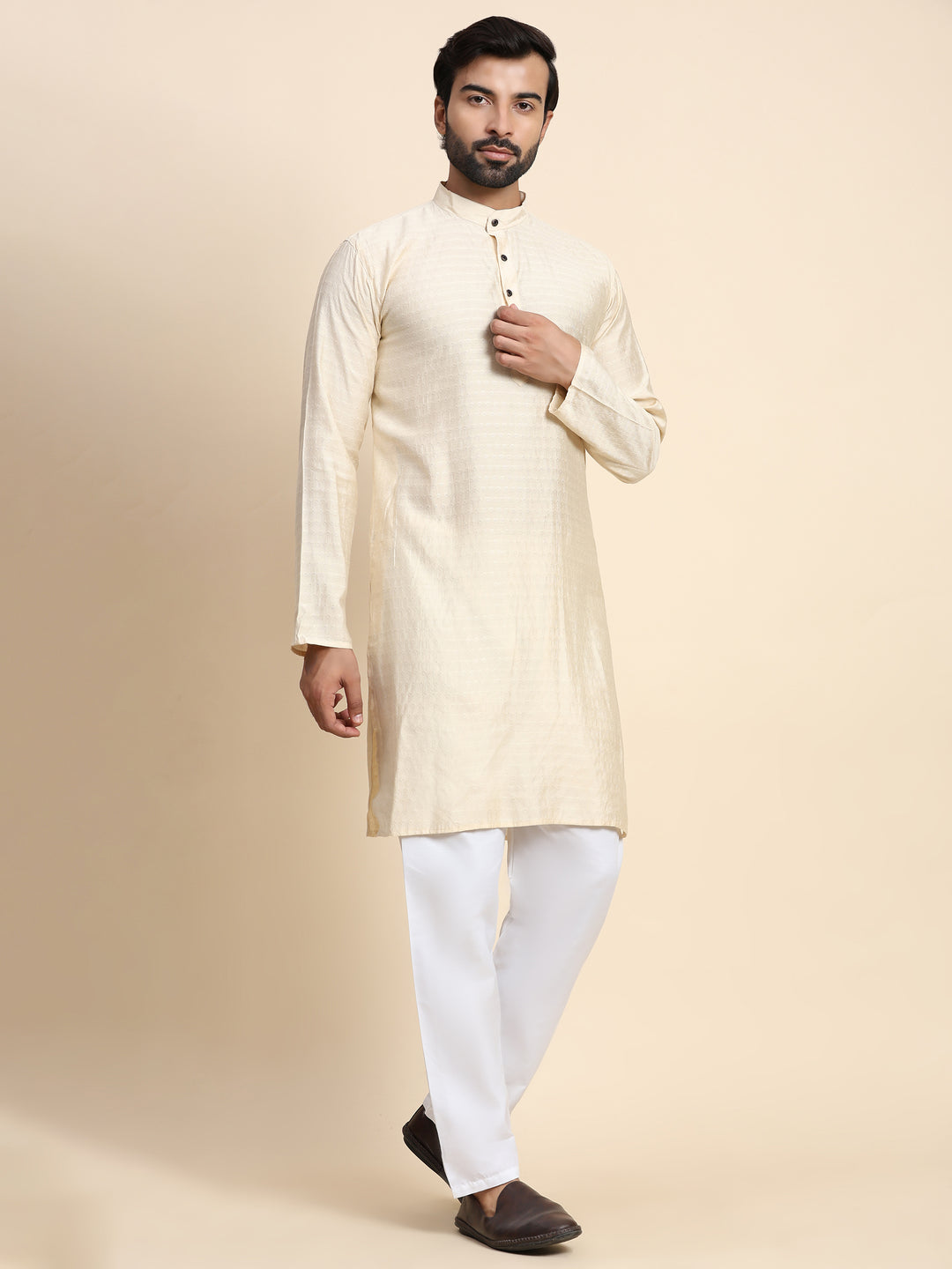 Cream Viscose Rayon Self Weaved Kurta | Traditional Wear for Men