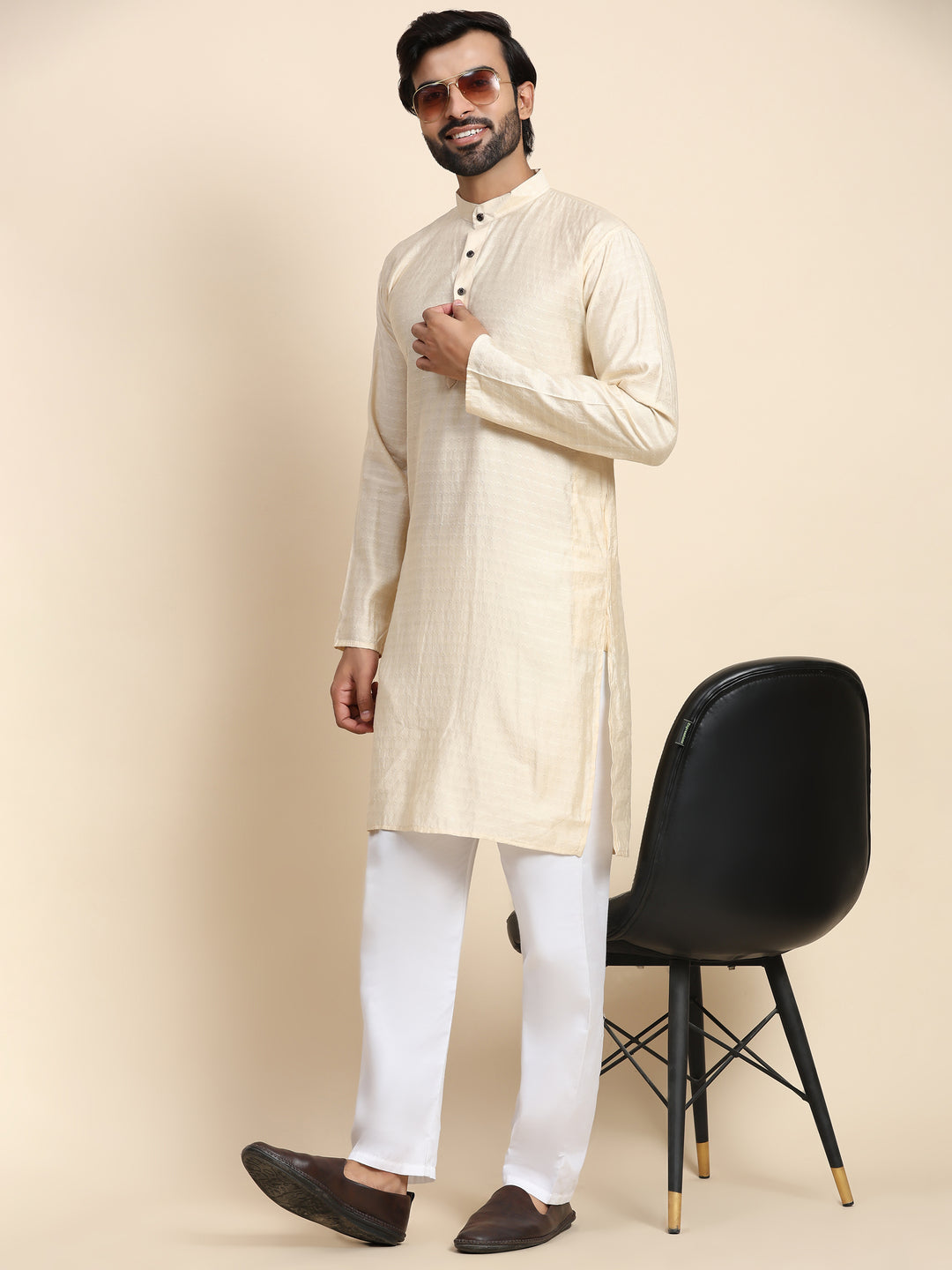 Cream Viscose Rayon Self Weaved Kurta | Traditional Wear for Men