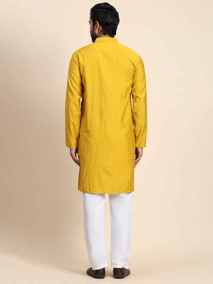 Mustard Yellow Viscose Rayon Self Weaved Kurta | Stylish Event Wear