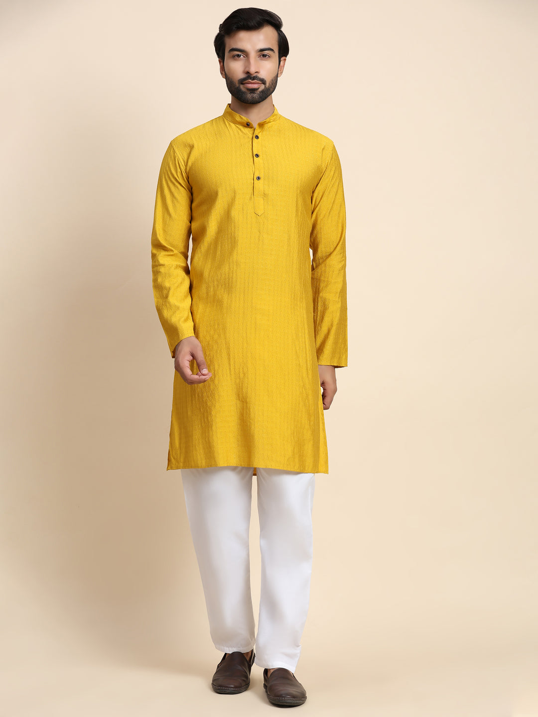 Mustard Yellow Viscose Rayon Self Weaved Kurta | Stylish Event Wear