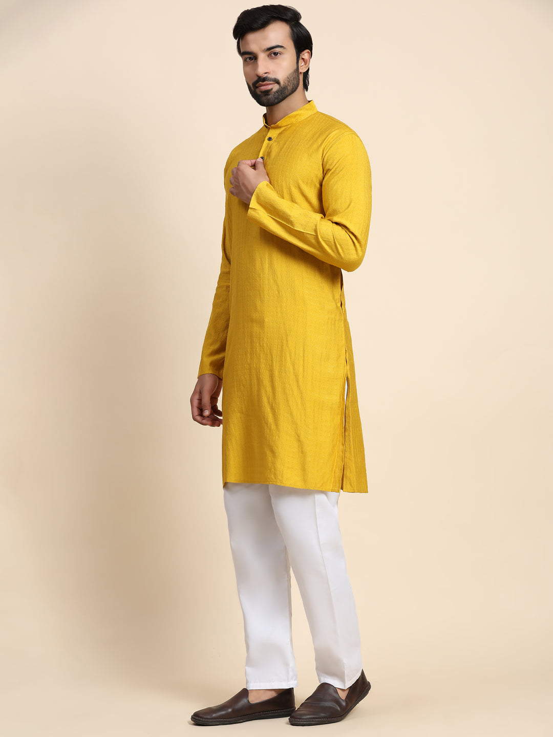 Mustard Yellow Viscose Rayon Self Weaved Kurta | Stylish Event Wear