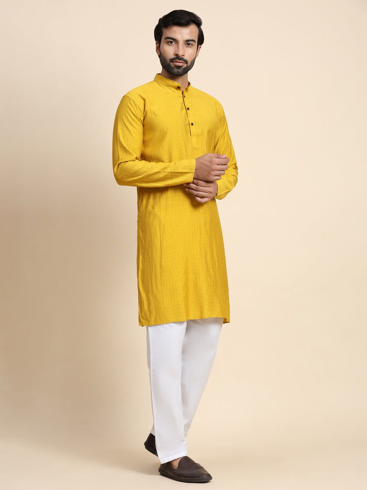 Mustard Yellow Viscose Rayon Self Weaved Kurta | Stylish Event Wear