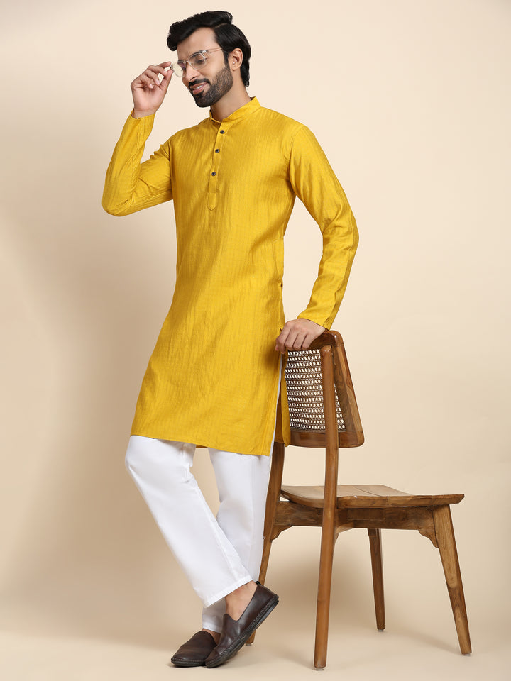 Mustard Yellow Viscose Rayon Self Weaved Kurta | Stylish Event Wear