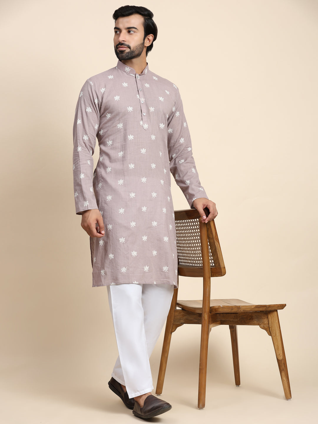 Lilac Pure Cotton Weaved Motif Kurta | Perfect for Haldi Ceremony