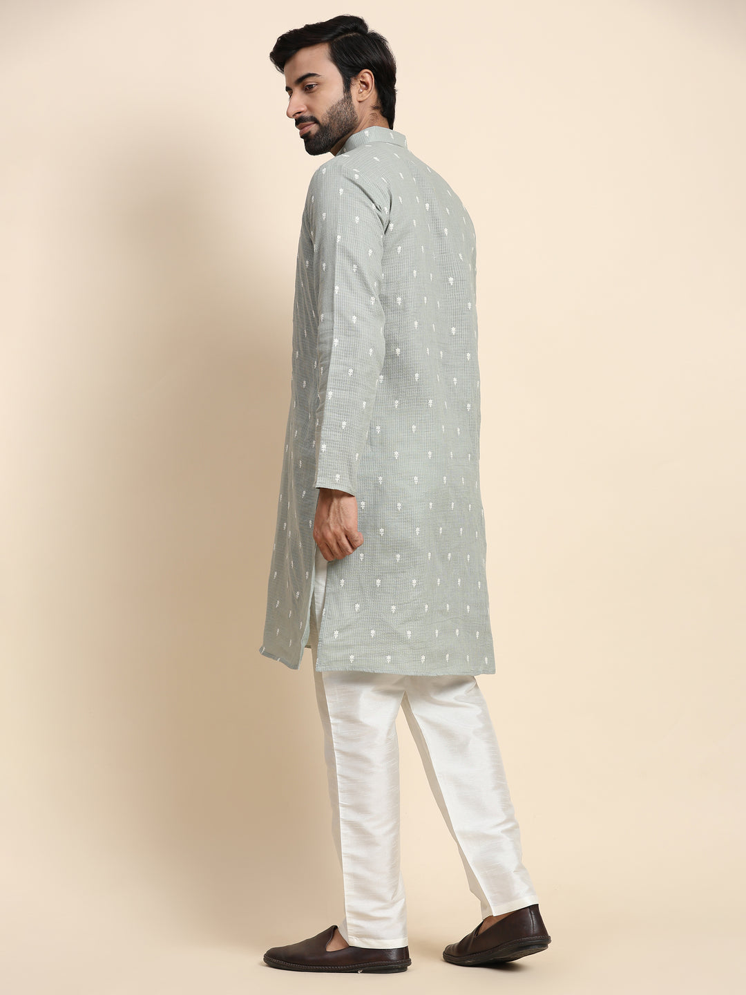 Green Pure Cotton Weaved Motif Kurta | Festive Wear for Men