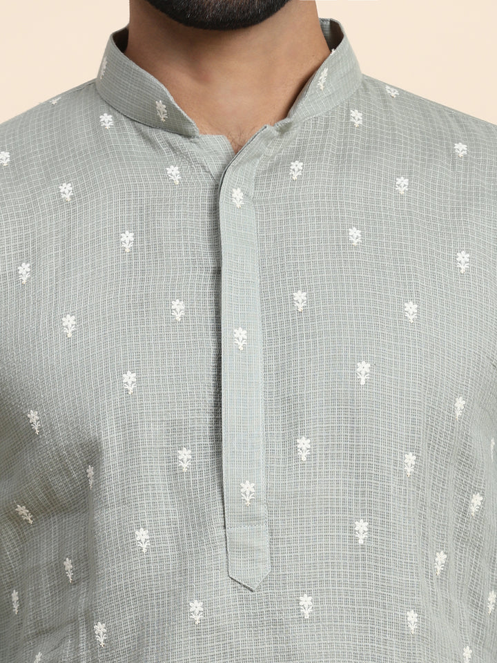 Green Pure Cotton Weaved Motif Kurta | Festive Wear for Men