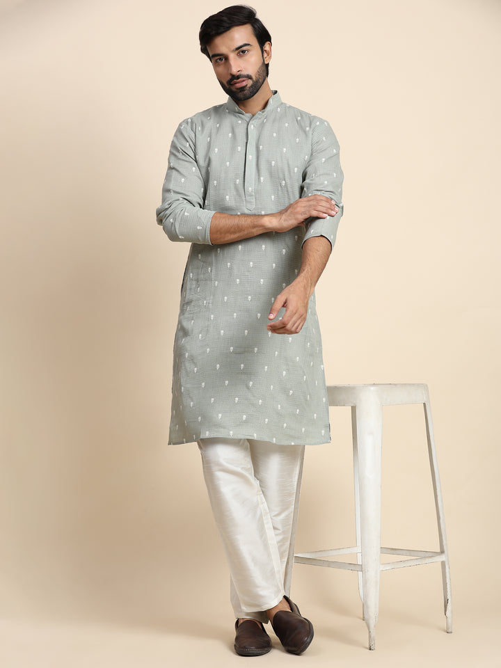 Green Pure Cotton Weaved Motif Kurta | Festive Wear for Men