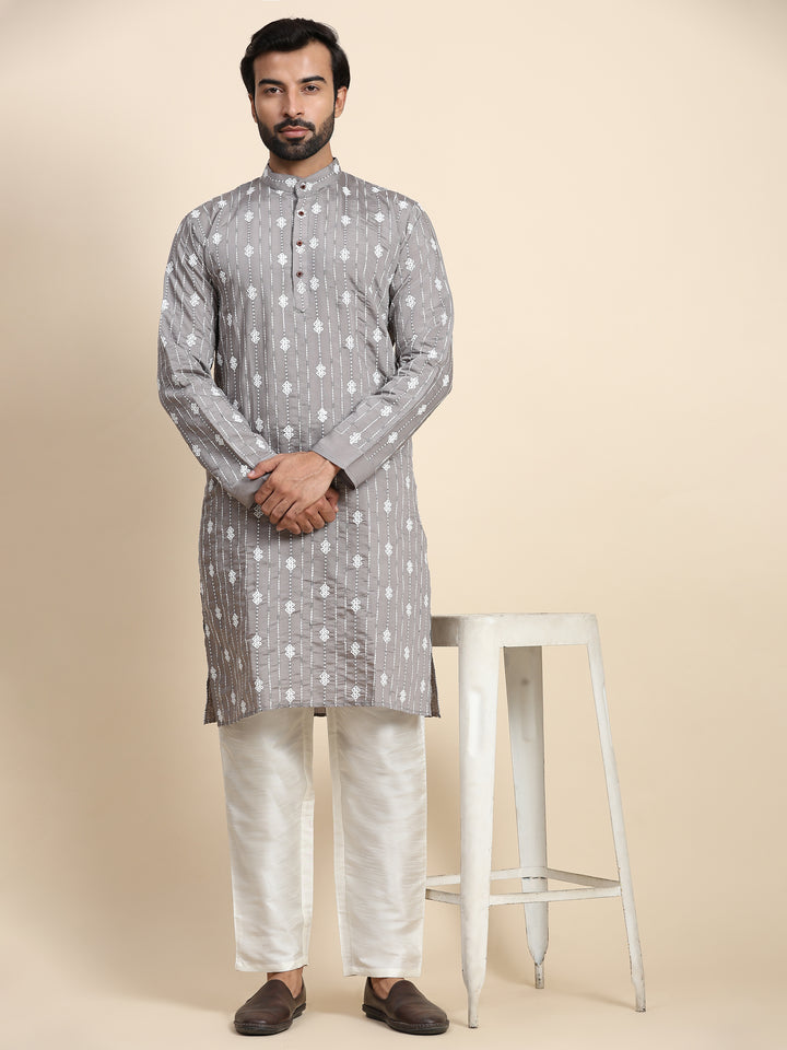 Grey Viscose Rayon Kurta | Stylish Motif Weaved Kurta for Events