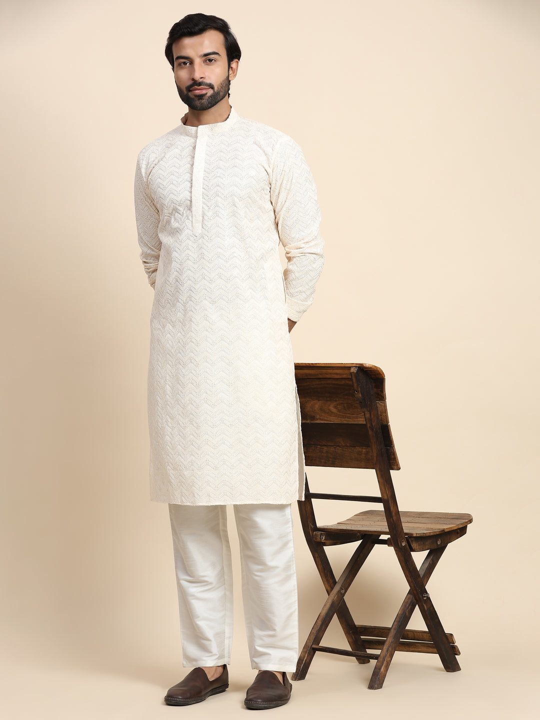 Refined Cream Jacquard Kurta | A Stylish Choice for Cultural Events