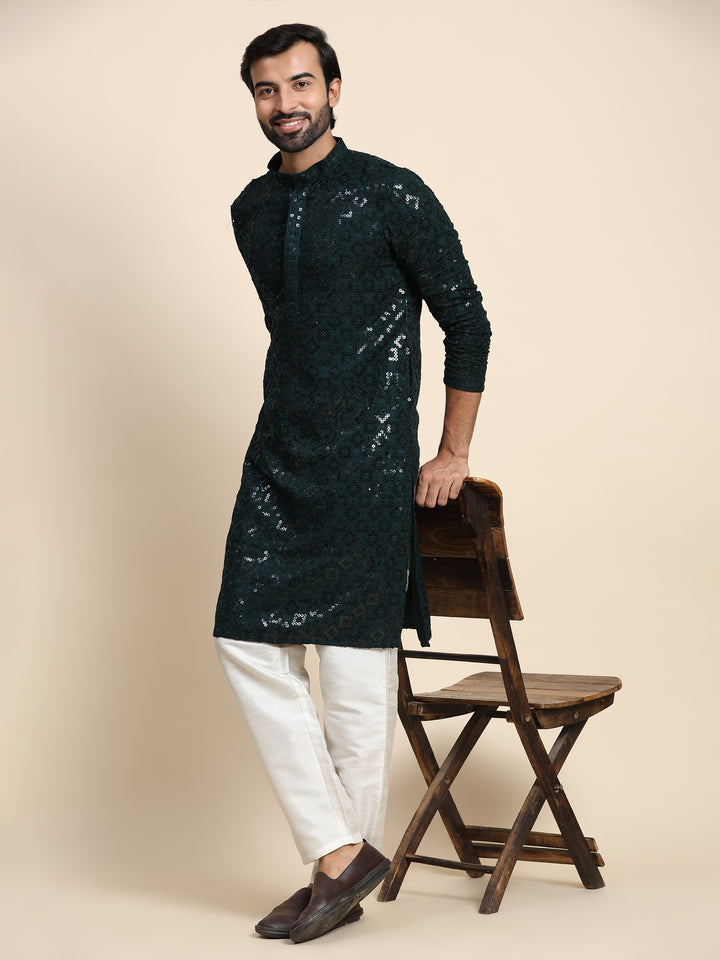 Premium Dark Green Chikankari Kurta | A Classic Look for Special Occasions