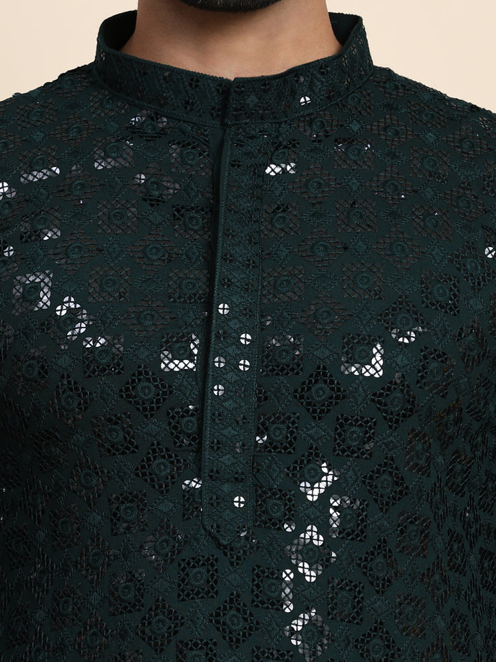 Premium Dark Green Chikankari Kurta | A Classic Look for Special Occasions