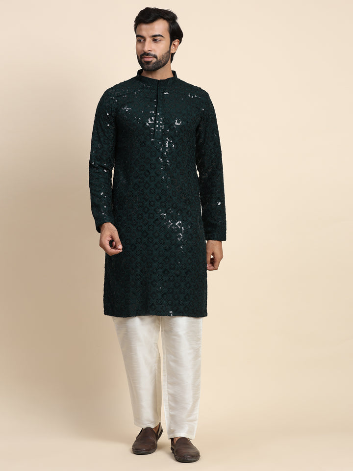 Premium Dark Green Chikankari Kurta | A Classic Look for Special Occasions