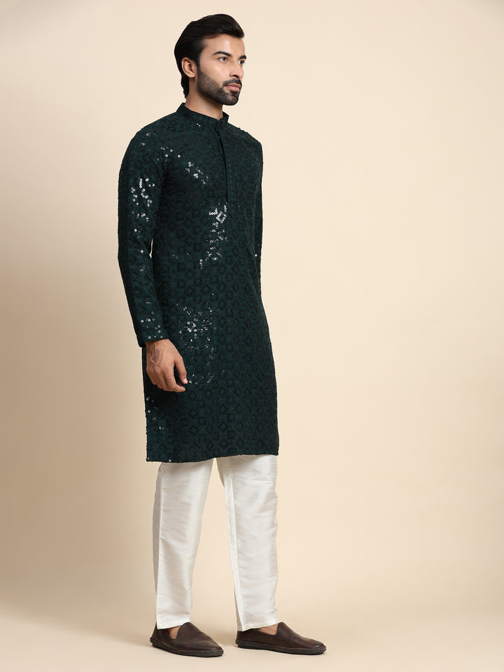 Premium Dark Green Chikankari Kurta | A Classic Look for Special Occasions