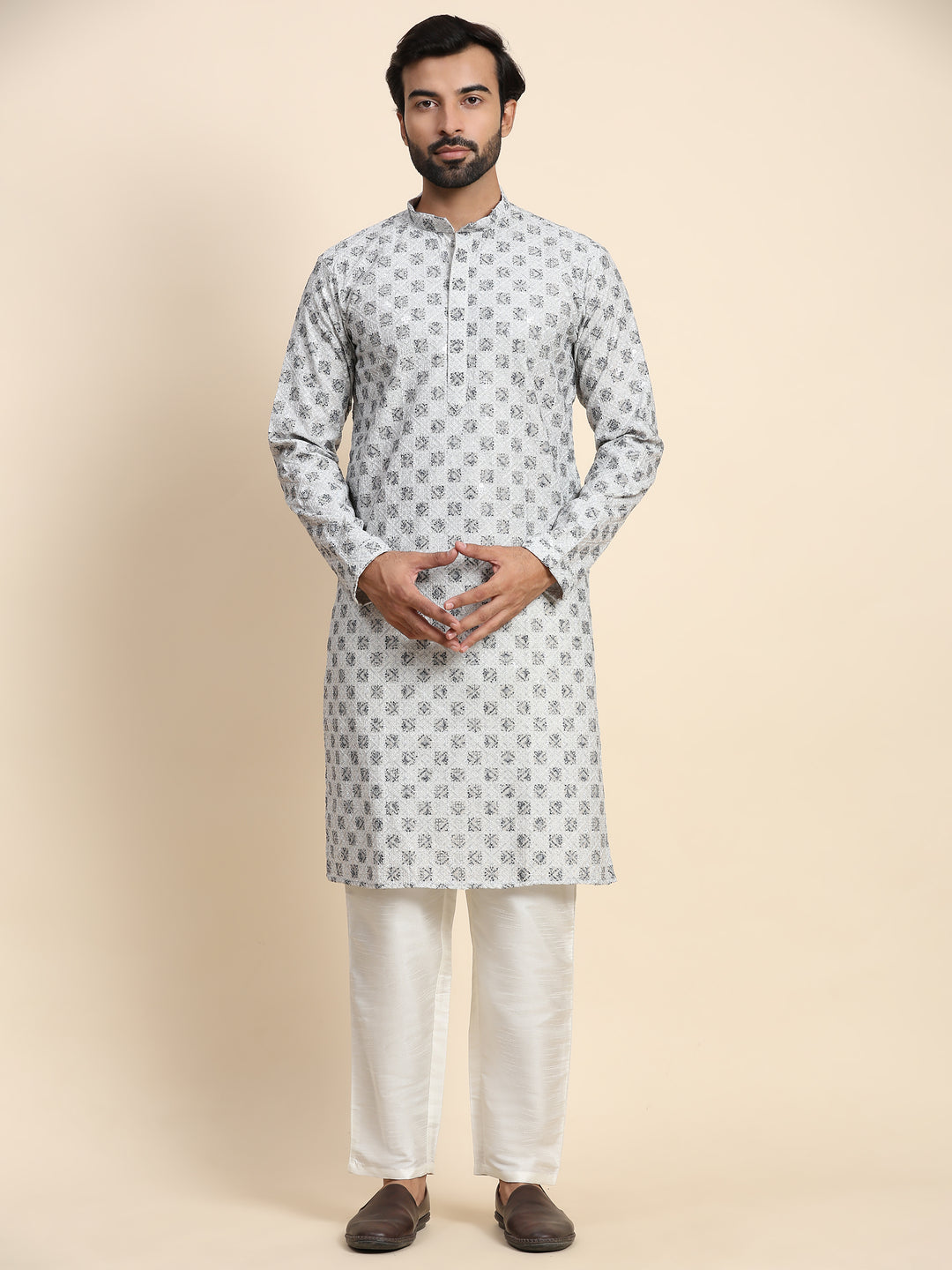 Modern Grey Cotton Chikankari Kurta | Ideal for Weddings & Celebrations