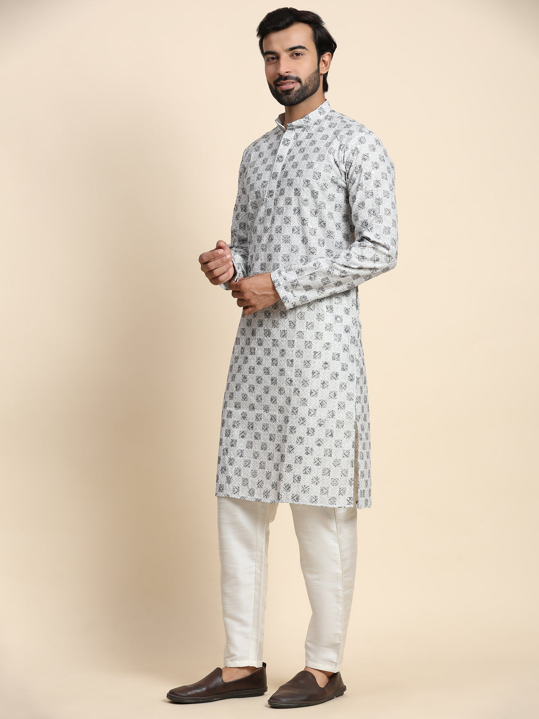 Modern Grey Cotton Chikankari Kurta | Ideal for Weddings & Celebrations