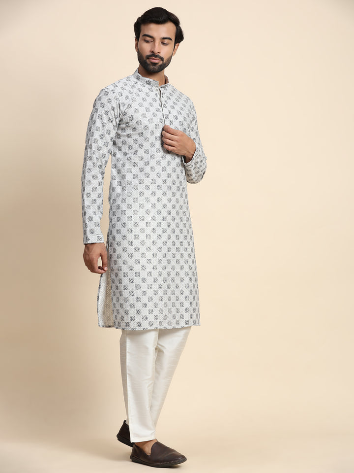 Modern Grey Cotton Chikankari Kurta | Ideal for Weddings & Celebrations