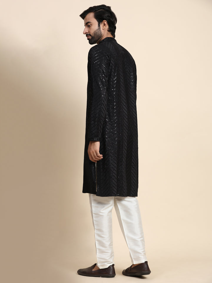 Black Cotton Embroidery Kurta for Men | Elegant Attire for Cultural Events