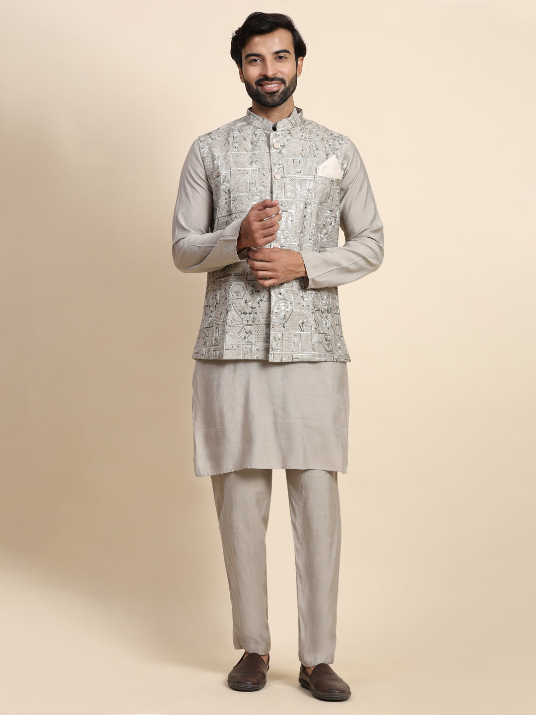 Stylish Grey Embroidery Nehru Jacket Set | Modern Elegance for Special Occasions