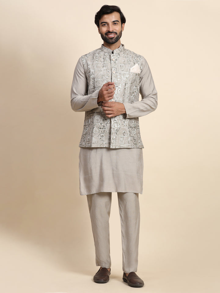 Stylish Grey Embroidery Nehru Jacket Set | Modern Elegance for Special Occasions