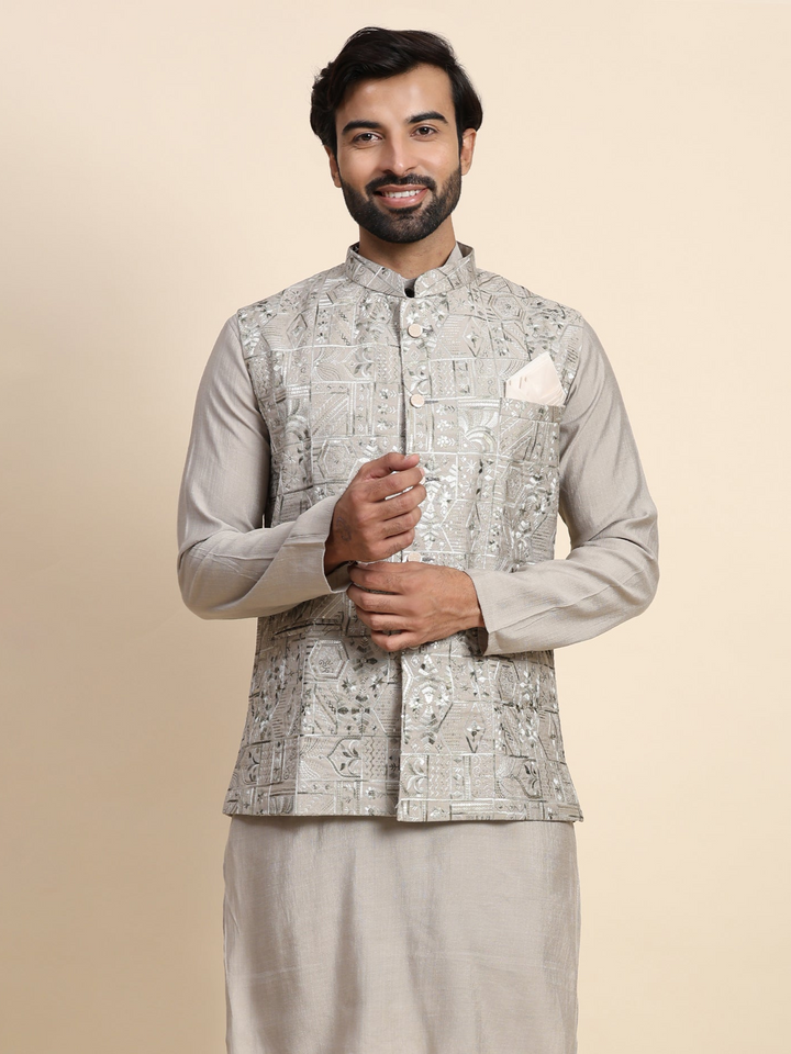 Stylish Grey Embroidery Nehru Jacket Set | Modern Elegance for Special Occasions