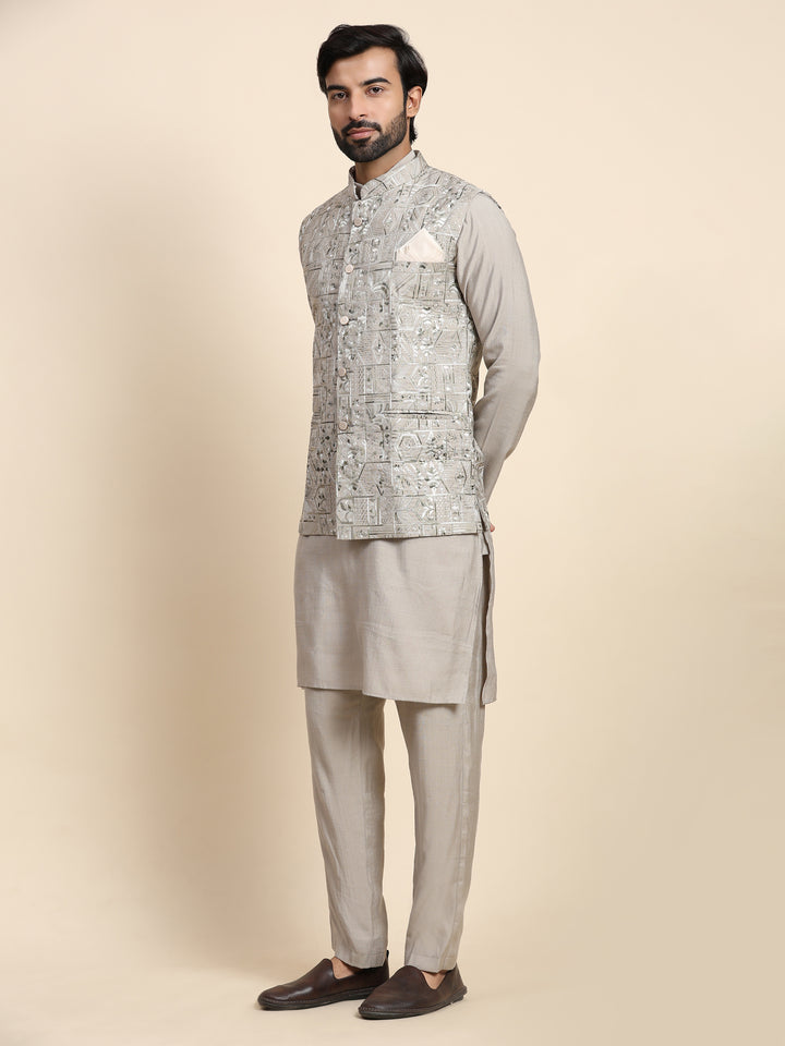 Stylish Grey Embroidery Nehru Jacket Set | Modern Elegance for Special Occasions