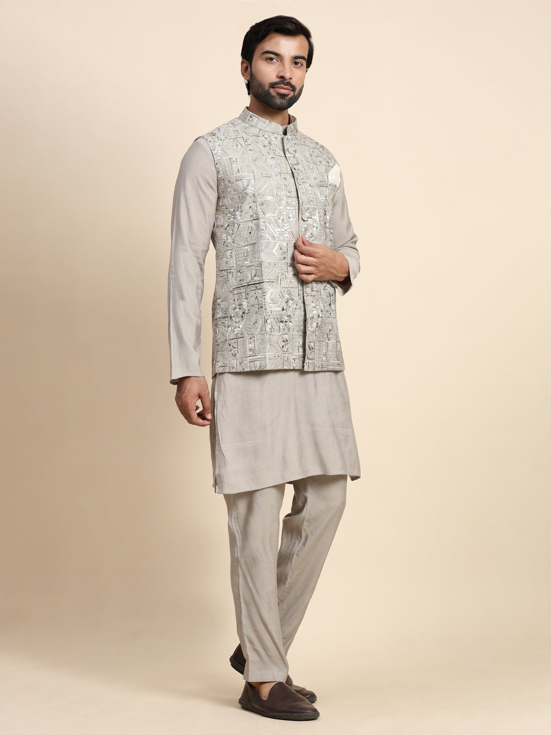 Stylish Grey Embroidery Nehru Jacket Set | Modern Elegance for Special Occasions