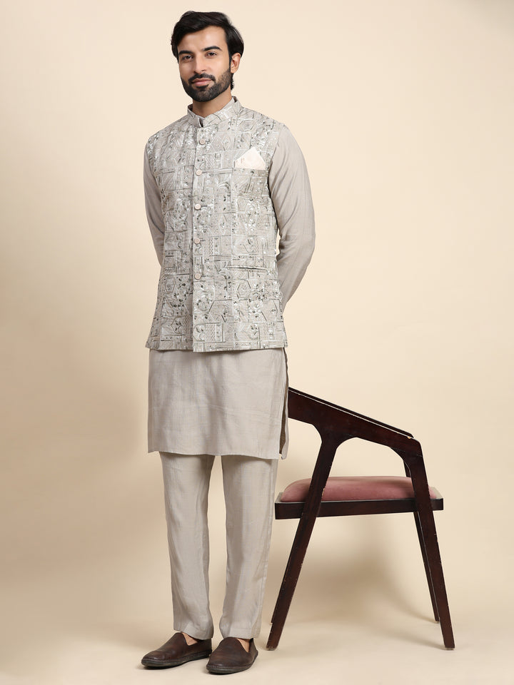 Stylish Grey Embroidery Nehru Jacket Set | Modern Elegance for Special Occasions