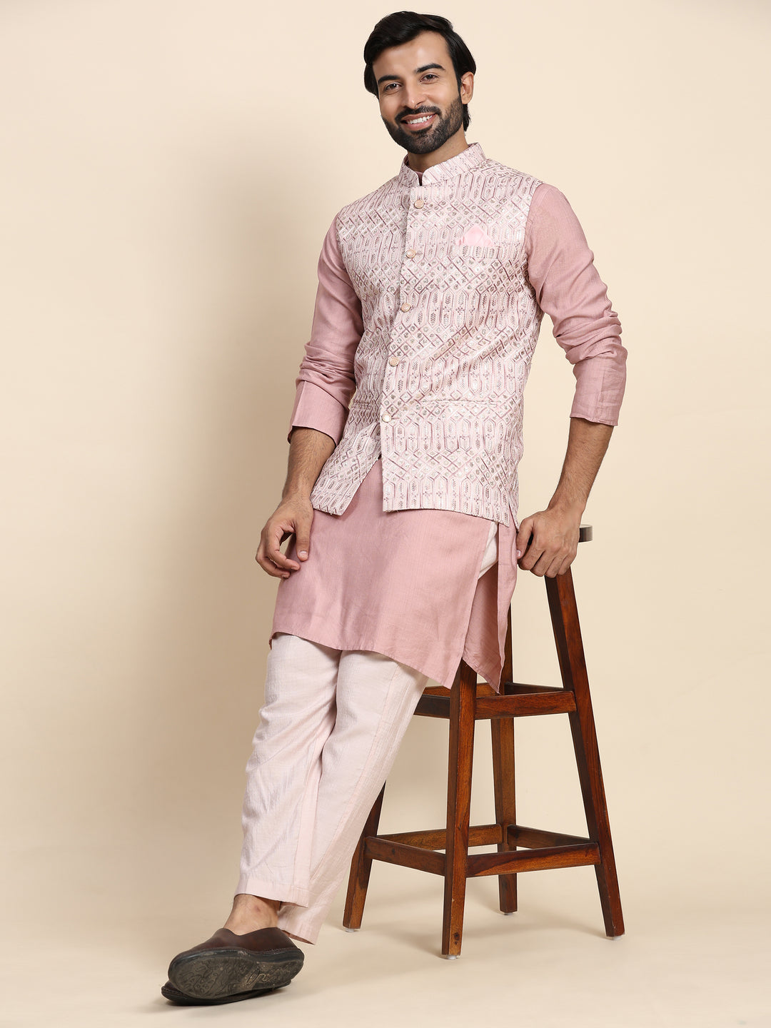 Elegant Pink Viscose Rayon Nehru Jacket Set | Embroidered Traditional Style