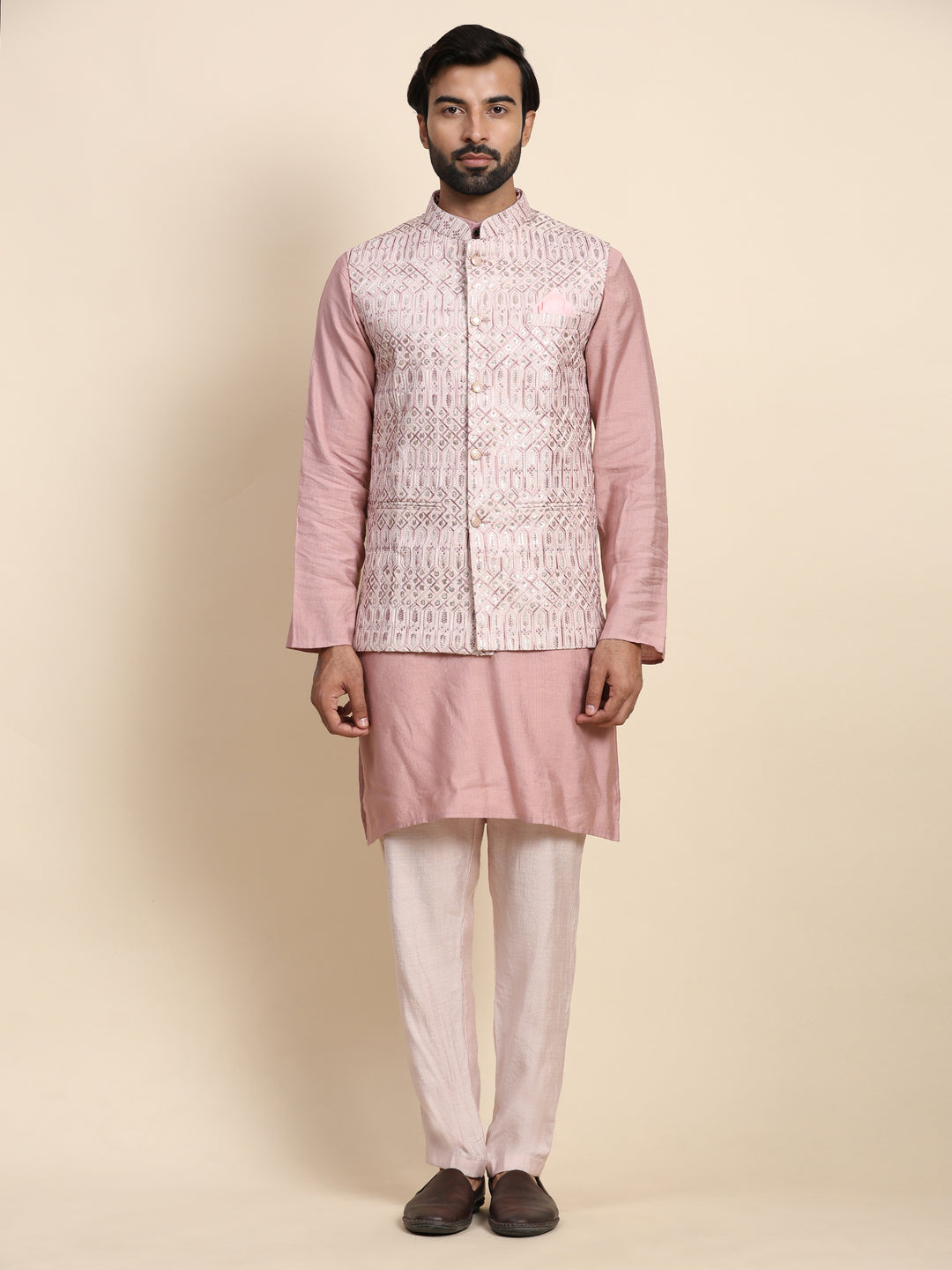 Elegant Pink Viscose Rayon Nehru Jacket Set | Embroidered Traditional Style