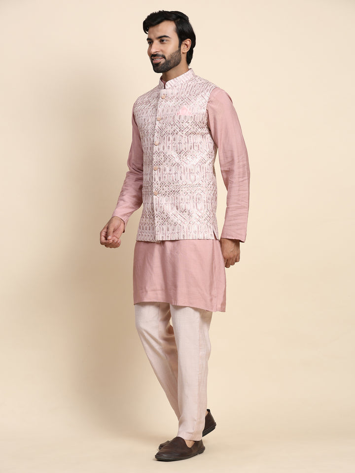 Elegant Pink Viscose Rayon Nehru Jacket Set | Embroidered Traditional Style