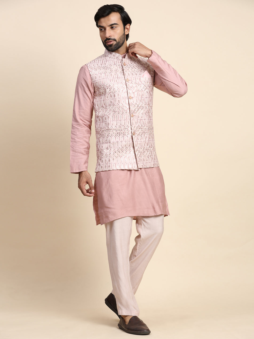 Elegant Pink Viscose Rayon Nehru Jacket Set | Embroidered Traditional Style