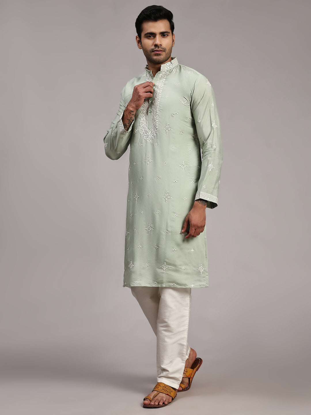 Light Blue Silk Embroidery Kurta for Men | Elegant Traditional Wear