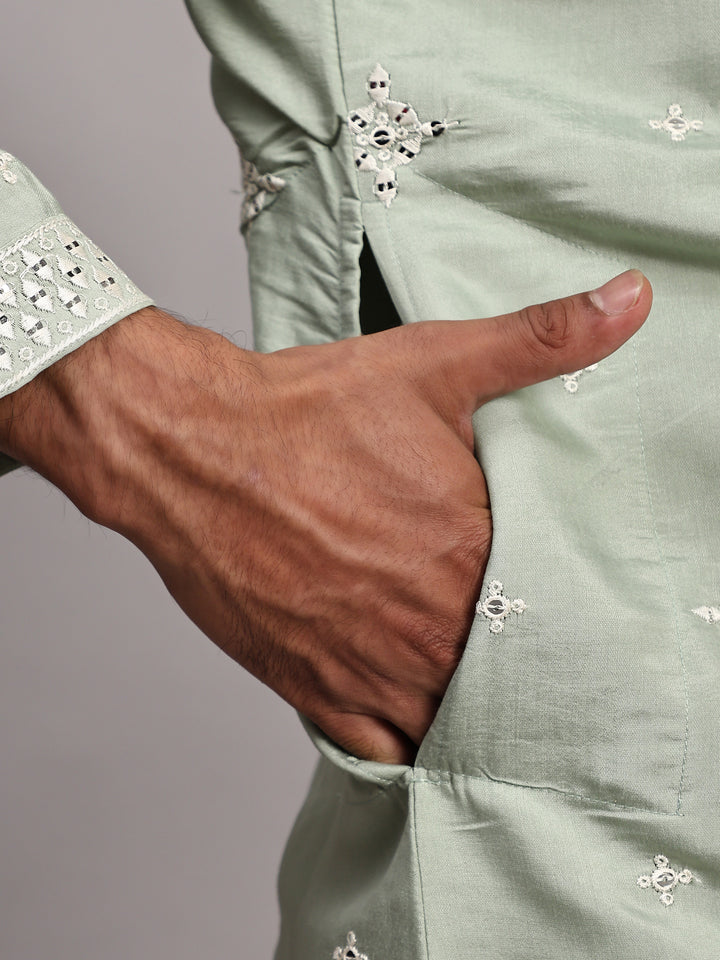 Timeless Light Green Silk Kurta for Men | Embroidery Detailing for Festive Style