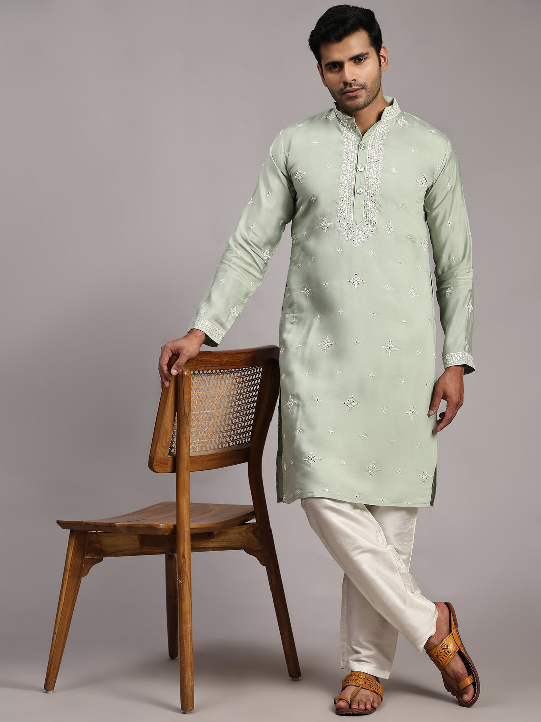 Light Blue Silk Embroidery Kurta for Men | Elegant Traditional Wear