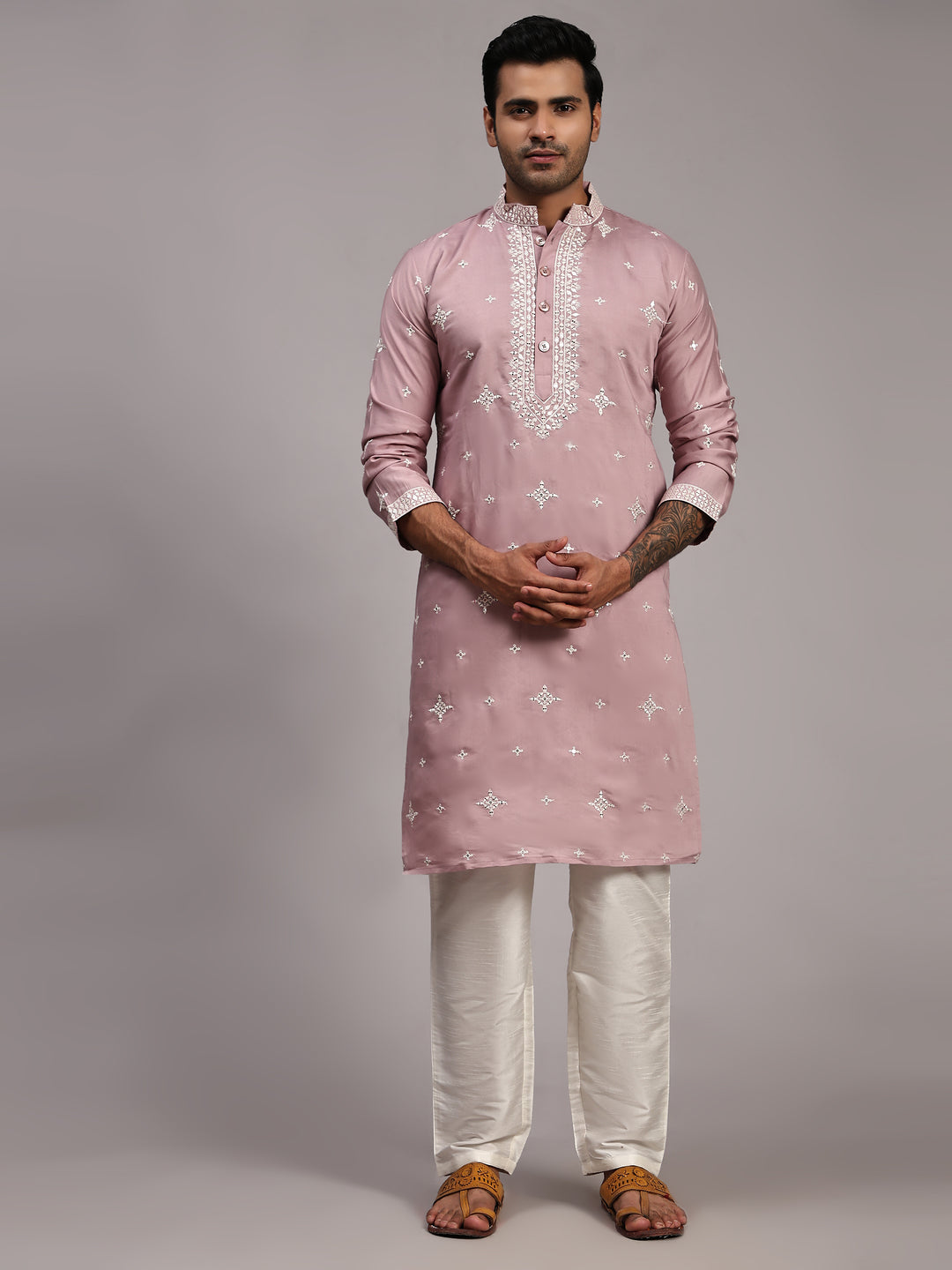 Traditional Pink Silk Kurta | Intricate Embroidery for Men’s Special Occasions