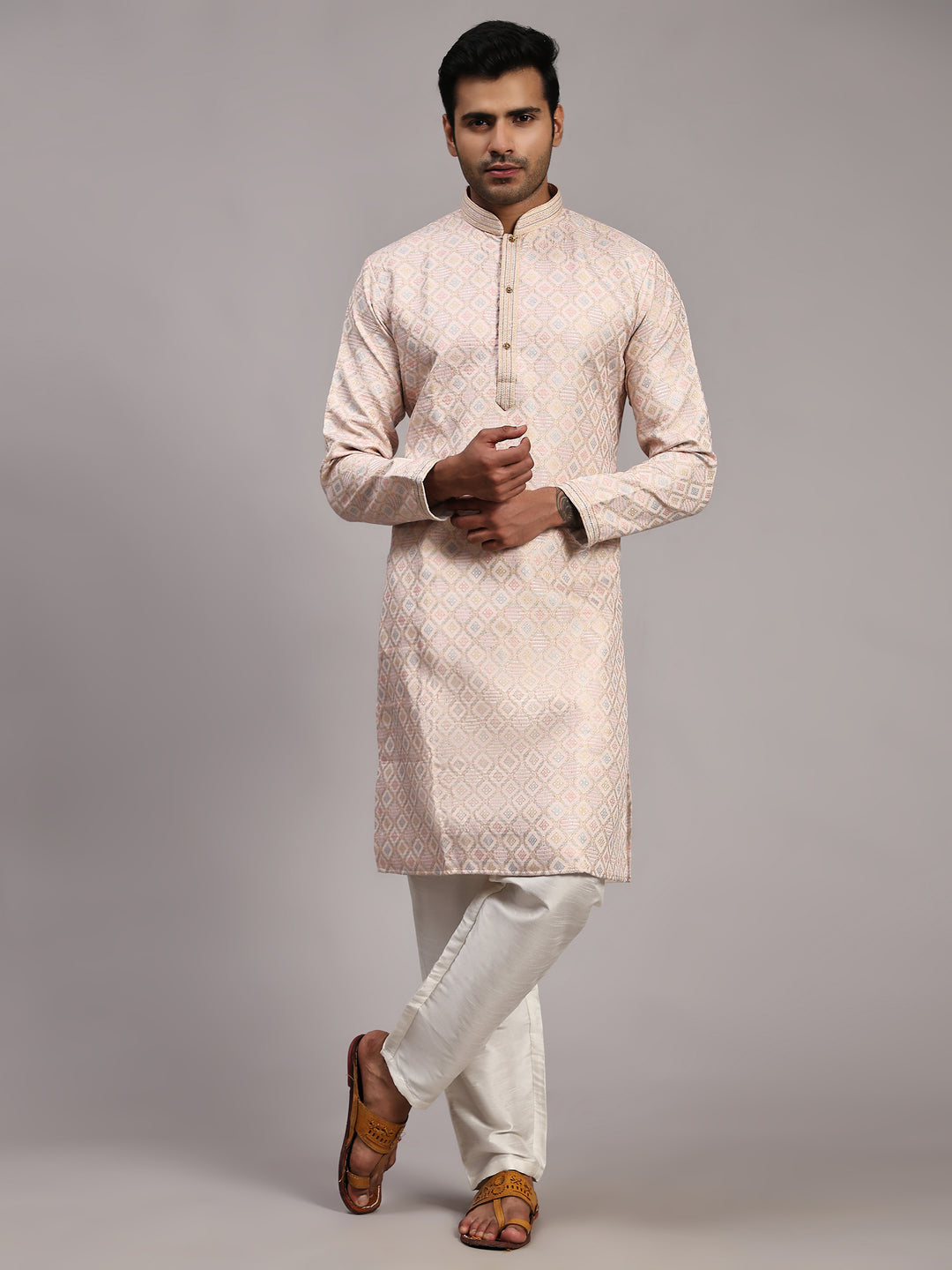 Pink Viscose Jacquard Kurta for Men | Elegant Traditional Wear