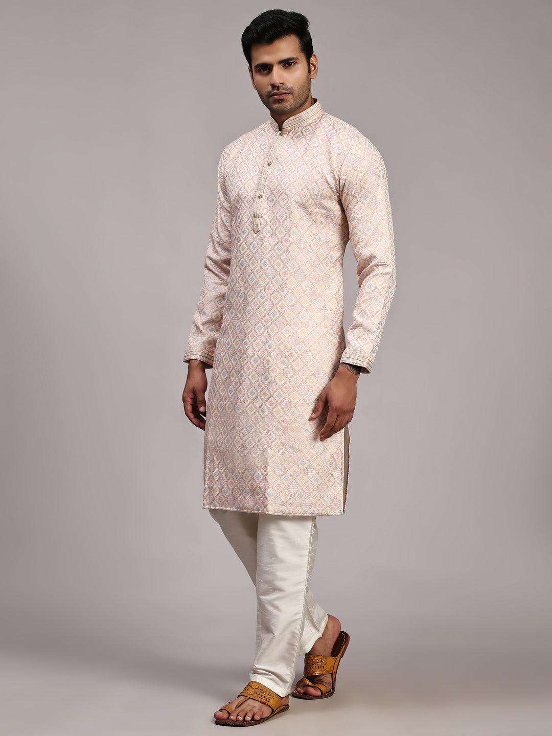 Pink Viscose Jacquard Kurta for Men | Elegant Traditional Wear