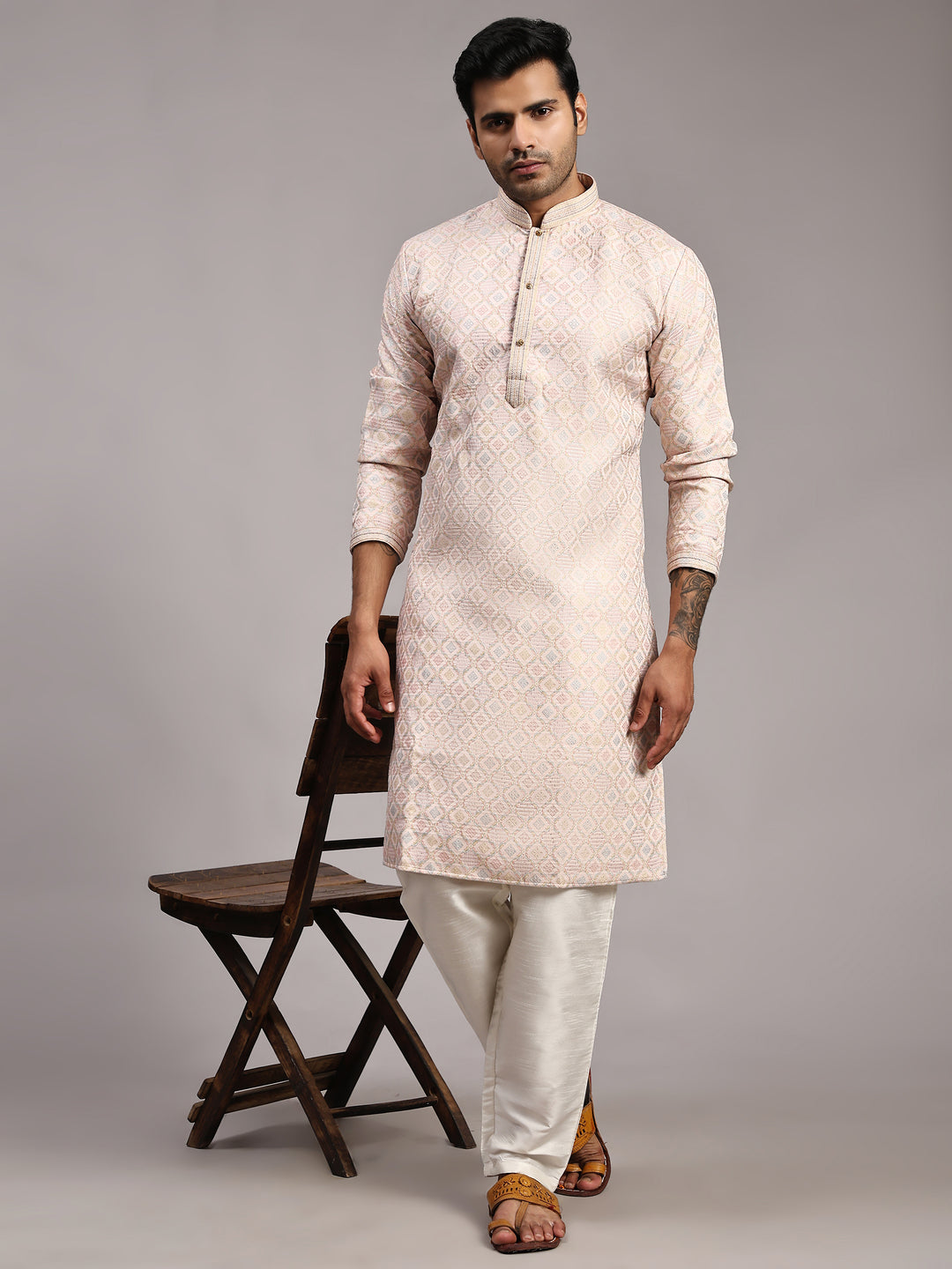 Pink Viscose Jacquard Kurta for Men | Elegant Traditional Wear