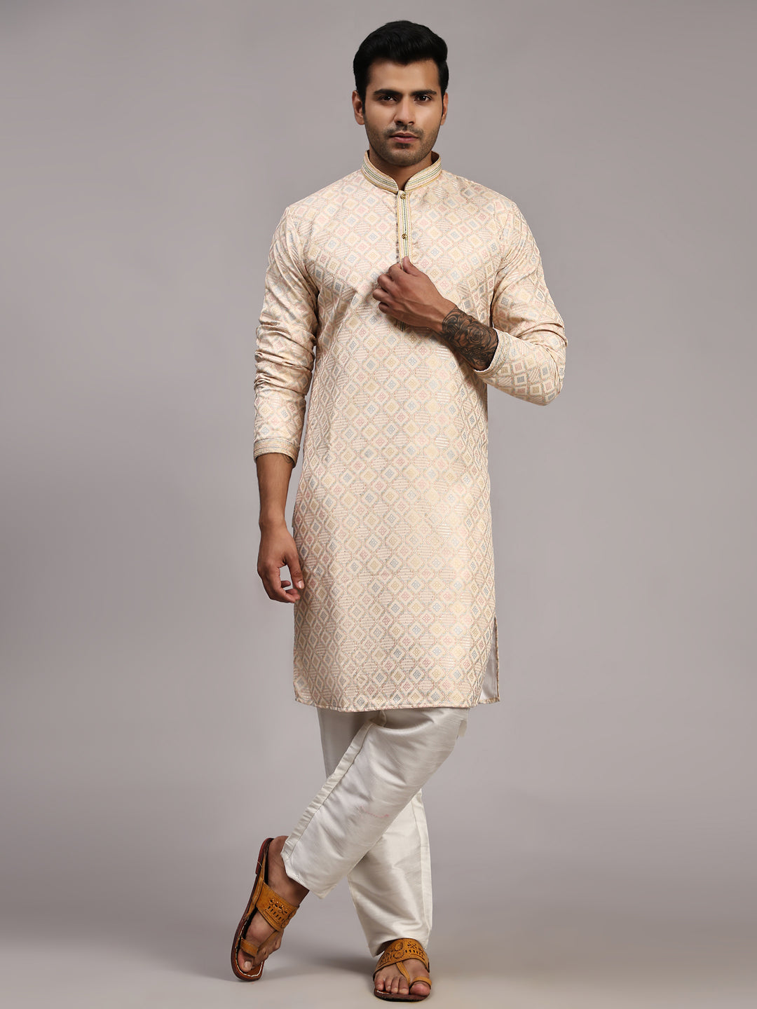 Men’s Cream Jacquard Kurta | Premium Viscose Fabric for Special Occasions