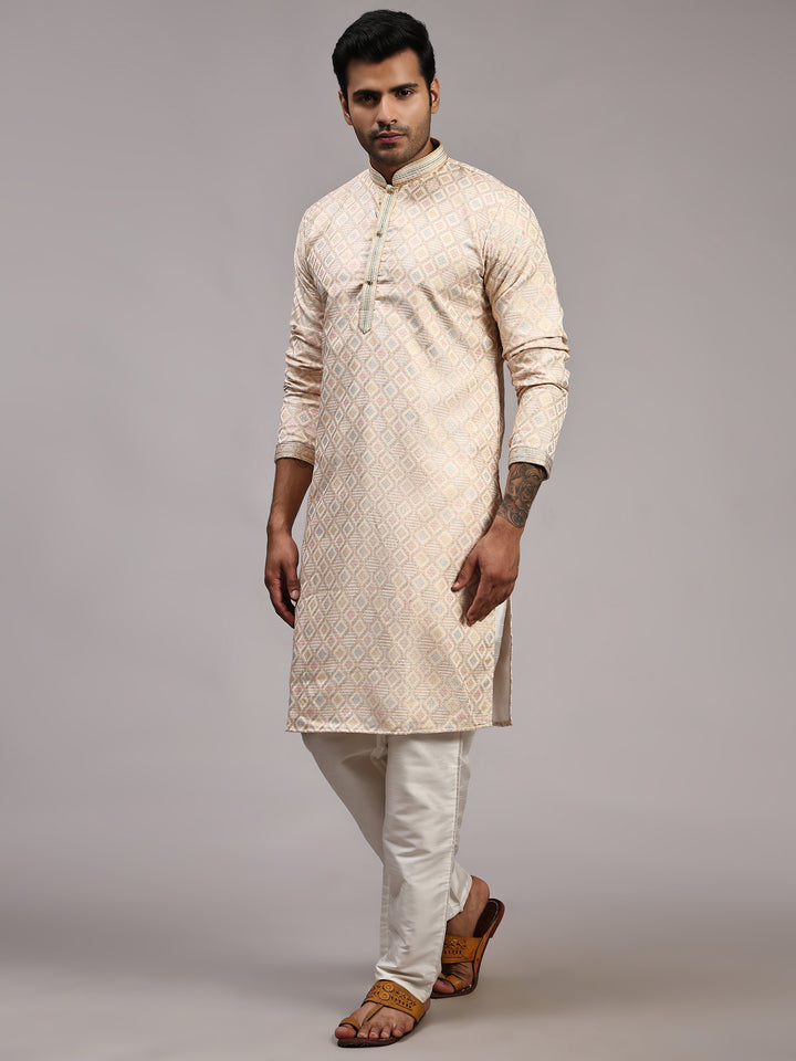 Men’s Cream Jacquard Kurta | Premium Viscose Fabric for Special Occasions