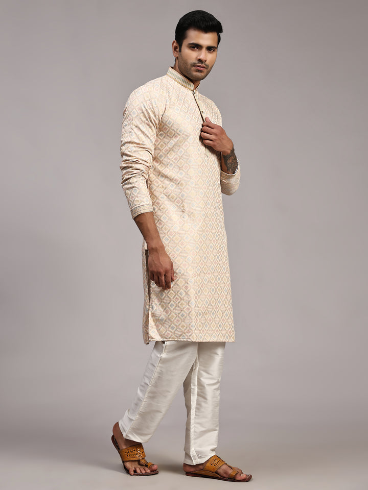 Men’s Cream Jacquard Kurta | Premium Viscose Fabric for Special Occasions