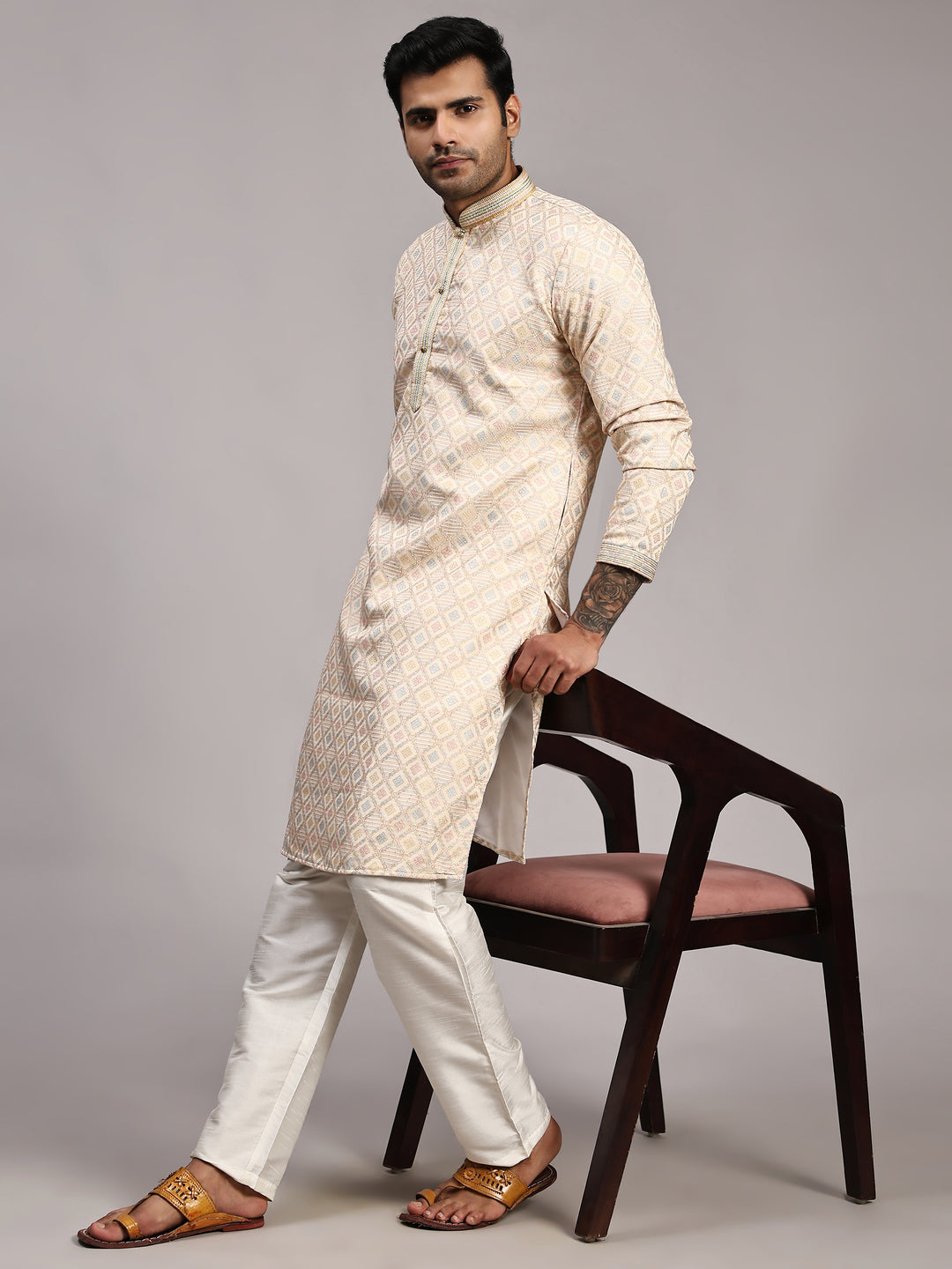 Men’s Cream Jacquard Kurta | Premium Viscose Fabric for Special Occasions