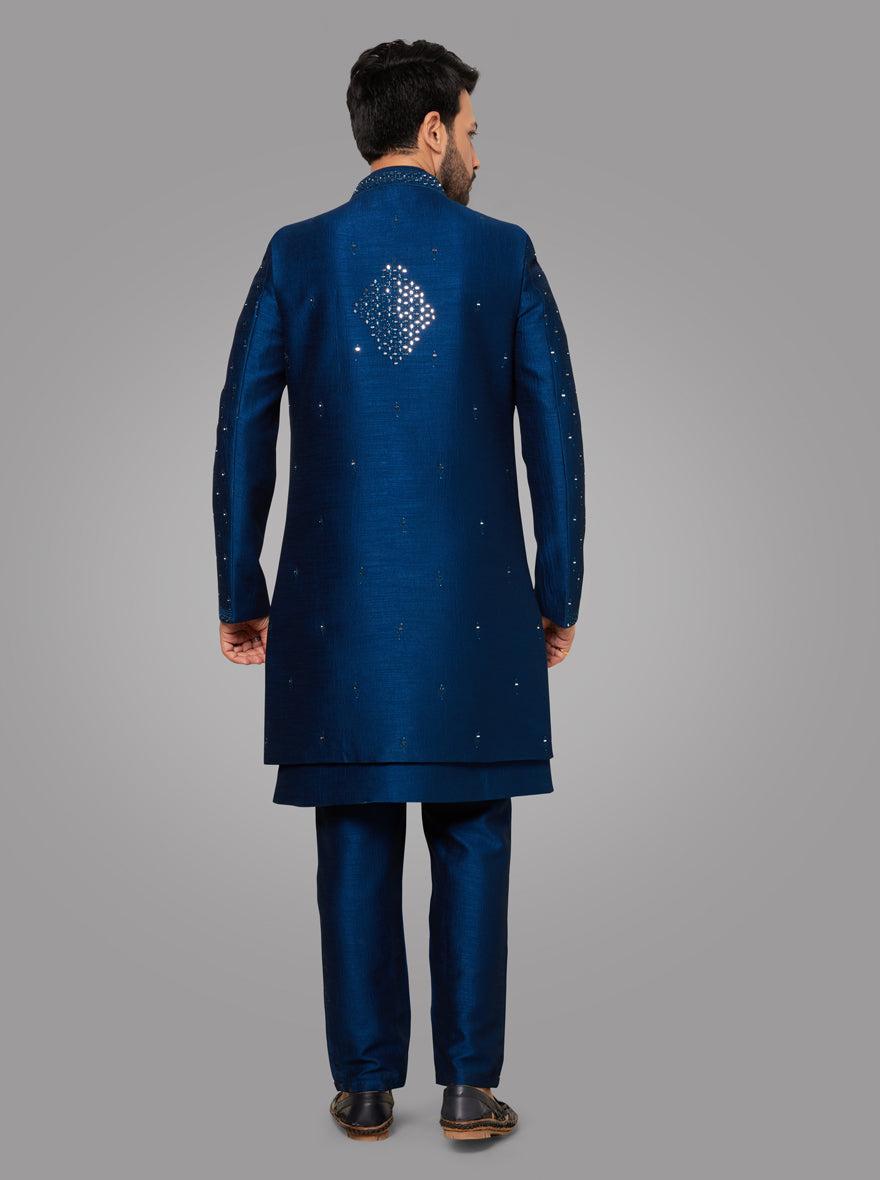 Elevate your ethnic style with this beautiful Dark Blue Indo Western outfit for fashionable gatherings.