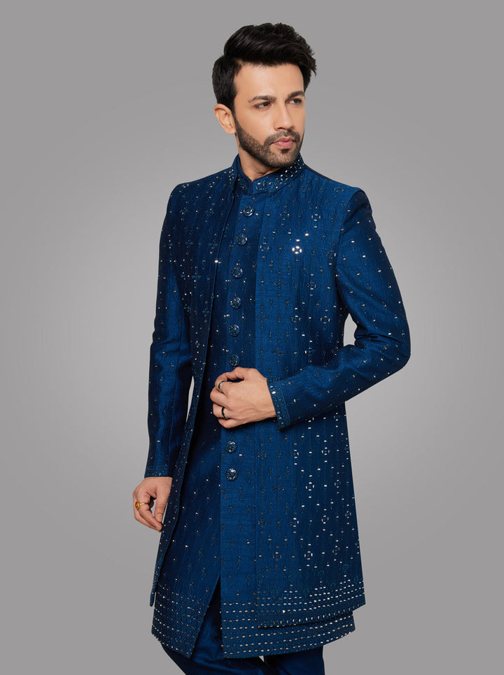 Stylish teal blue embroidered indowestern with resham and mirror work