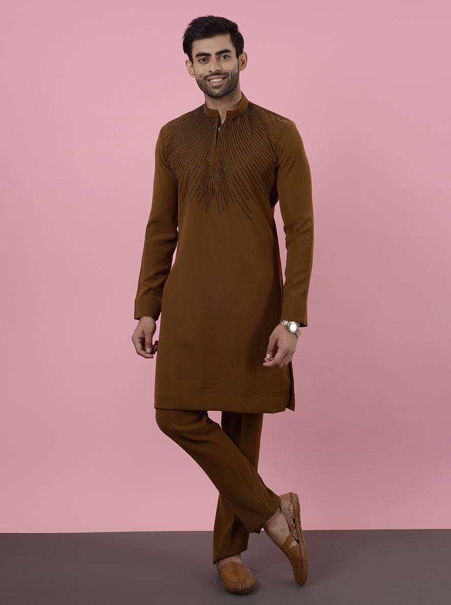 Elevate your festive wardrobe with this chic Gold Brown Kurta Pajama for special occasions.