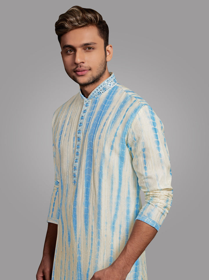 Men's Ethnic Kurta Pajama Set  Silk Blend Off White & Sky Blue Color