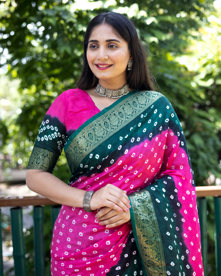 Stylish yellow Bandhej silk saree with intricate zari embroidery and a matching blouse, perfect for festive occasions.