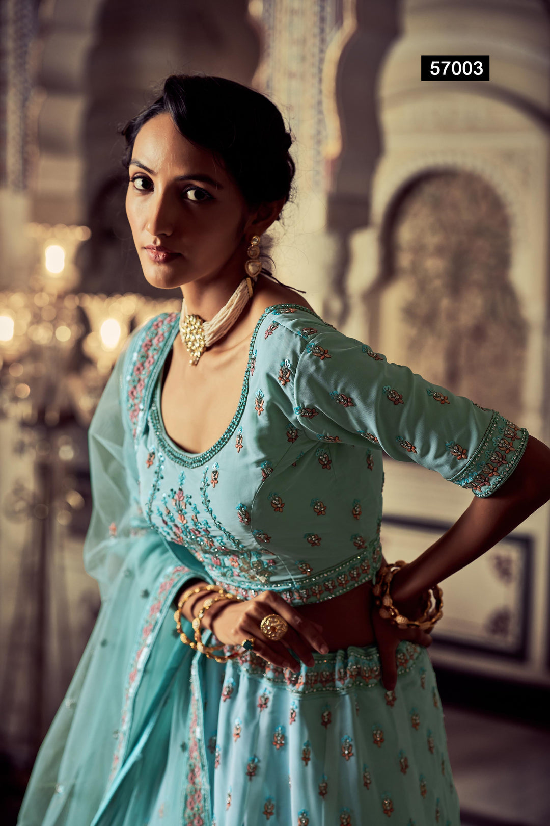 Turquoise Georgette Embroidered Lehenga | Thread & Sequins Work with Dupatta