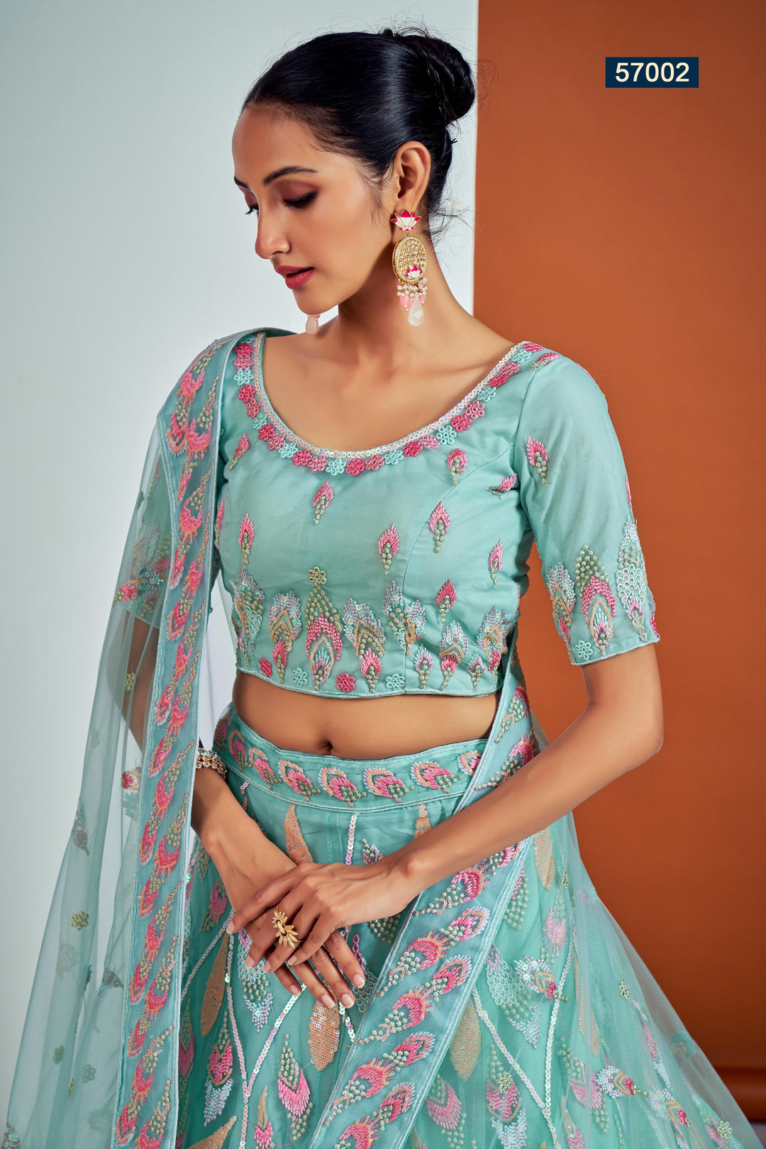 Turquoise Embroidered Net Lehenga | Wedding Wear Lehenga Choli Set