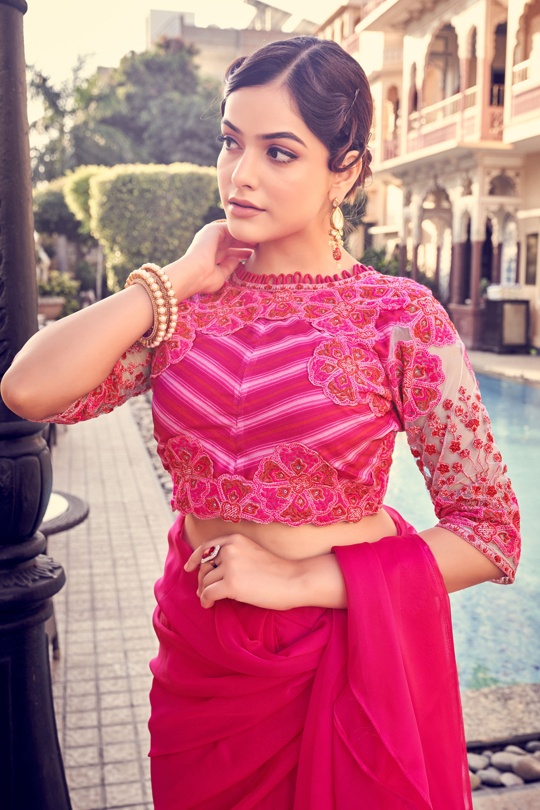 Bright Pink Ruffled Saree | Elegant Organza Design with Zari Work